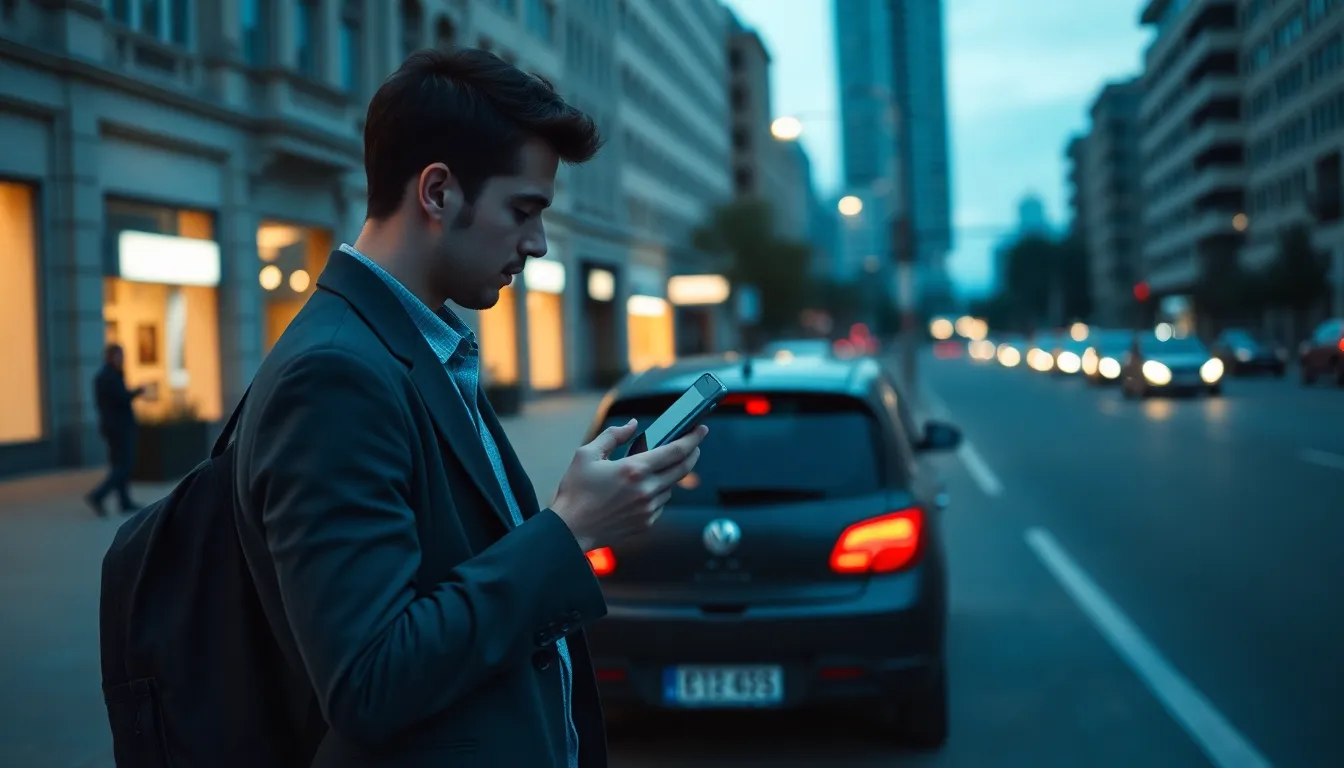 A driver checking auto insurance quotes on a phone beside a parked car on a city street at dusk